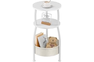 ‎YUEDE Yuede Round Side Table, 3-Tier Round Small Table, Coffee Table, Small Bedside Table, with Fabric Bag, Living Room Table, Fabric Basket, Sofa Table for Room Decor, Wood, Metal, Modern (White)