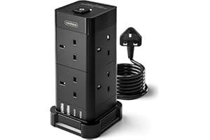 VonHaus Tower Extension Lead (3250W 13A), Surge Protection Extension Socket with 8 AC Outlets, 2 USB Ports & 2 USB-C Ports for Faster Charging, 2M Plug Lead w/Switch for Office, Home, Kitchen