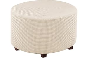 CLGTY Round Ottoman Slipcovers,Jacquard Stretch Footstool Protector With Elastic Bottom Small Checks Foldable Footrest Covers Soft Washable Furniture Protector For Living Room-Beige-M