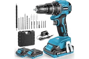 LEEIKOO Taladro Percutor a Bateria 21V, Sin Escobillas Taladro Atornillador Bateria, Atornillador Electrico 45N.m con 2 x Baterías 2.0Ah, 20+3 Ajuste de Par, 14 Accesorios, 2 Velocidad Para Bricolaje