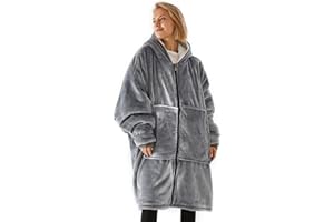 O³ Coperta con cappuccio XXL - Plaid con maniche, Coperta indossabile in pile, Felpa oversize donna, Blanket hoodie - Confortevole e morbido - Perfetto per le notti invernali sul divano (Grigio claro)
