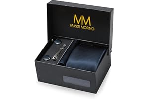 Massi Morino Krawatte mit Einstecktuch Set Herren inkl. Manschettenknöpfe, Krawattennadel und Geschenkbox - Männer Krawattenset zur Hochzeit