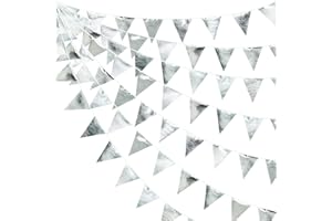 PINK BLUME 32Ft Silver Fabric Triangle Banner Flag Double Sided Metallic Holographic Pennant Bunting Garland for Wedding Birthday Bridal Baby Shower Engagement Anniversary Bachelorette Graduation Party Decor
