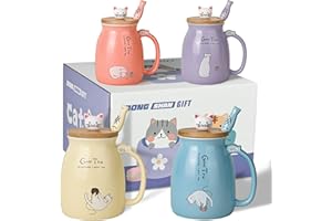 DONGSHANGIFT Uroczy kot kubek zestaw 4 ceramicznych kubków do kawy z uroczą pokrywką dla kotka i łyżeczką do ryb nowość poranna herbata mleko zestaw kubków dla dziewcząt kobiet prezent świąteczny kubek urodzinowy