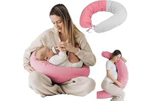 FLORA FURORA Almohada Embarazada Dormir Rosa Oscuro + Segunda Funda de Almohada Gris | Cojin Lactancia: Soporte/Apoyo multiusos de maternidad para espalda vientre| Cojín Lactancia suave bebe y mujeres embarazadas