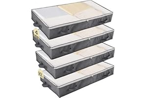 UOUNE 4 Pack 90L Under Bed Storage Bags with Lid, PVC Window Clothes Storage Bags with Zips & Reinforced Handle for Duvet, Clothes, Shoes, Bedding, Wardrobe Organiser Bags, Grey