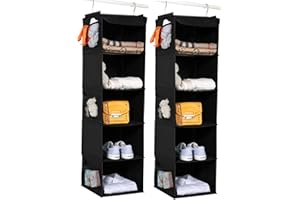 BrilliantJo Set di 2 Organizer Armadio, Portattuto da Appendere con 5 Scomparti con 6 Tasche Laterali a Rete per Vestiti, con 2 Ganci Organizzatore Armadio da 30 x 30 x 108 cm, Nero