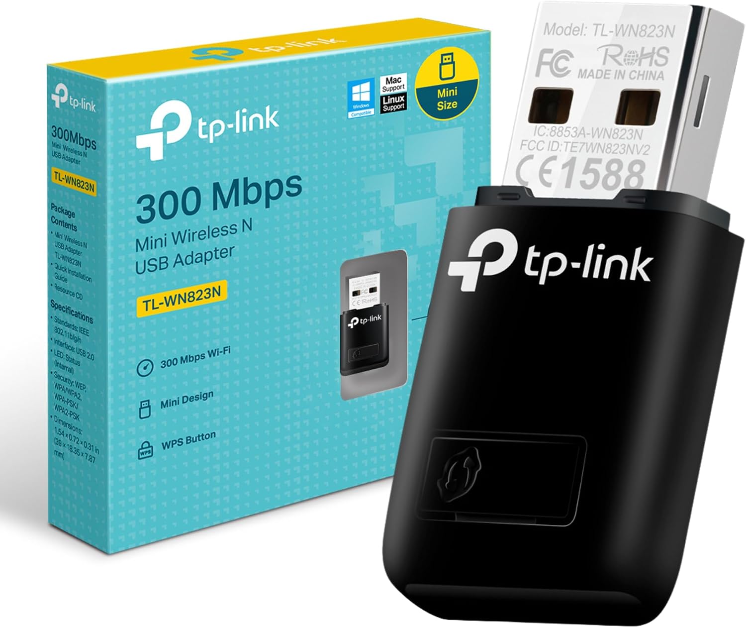TP-Link TL-WN823N Adaptador USB Tarjeta de Red, Inalámbrico 300Mbps, 2.4Ghz, Puerto USB 2.0, WPS, Windows 11/10/8.1/8/7/XP, Mac OS 10.15 e Inferior, Linux, WiFi4 N300