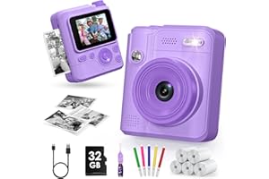 Gofunly Appareil Photo Instantané Enfants, 1080P Appareil Photo Numérique Enfant & Caméra Vidéo, Carte 32GB & 5 Rouleaux Papier d'impression, Cadeaux pour Garçons & Filles de 3-12 Ans(Violet)
