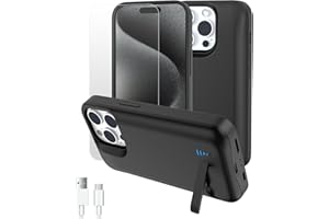 Gladgogo Akku Hülle für iPhone 15 Pro Max(8500 mAh, 6,7 Zoll), Ultra-schlanke Akkuhülle Wiederaufladbar Batterie mit Faltbarer Handyhalter und Schutzfolie, Tragbares Batterieladegerät Hülle, Schwarz