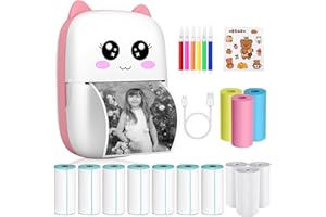 CARSEATTY Mini Thermal Printer, Inkless Printer, Mini Printer Compatible with Android and IOS, Portable Sticker Printer for Printing Photos, Sticky Notes, Lists (Includes 13 Rolls of Thermal Paper) (X5S pink)