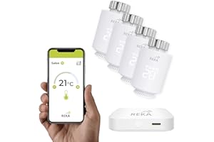 Tête Thermostatique Intelligente Connectée REKA - Contrôle Température Via Appli Tuya, Programmation, Détection Fenêtres Ouvertes - Compatible Assistants Vocaux (4, avec Passerelle)