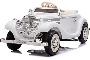 EMK TRADING LTD 12V Battery Powered Vintage Retro Classic Toy Car with Remote Control, Music, Horn, Radio, Lights, USB, Slow Start & Safety Belt, Children Electric Vehicle (White)
