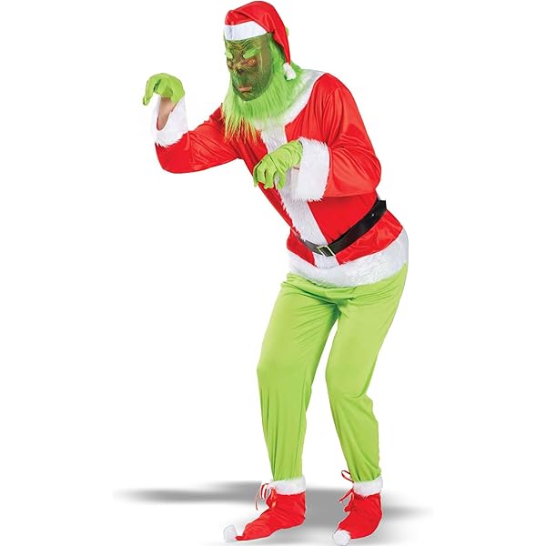 Costume Père Noël Monstre Vert 7 Pièces – Déguisement Adulte Avec Masque, Bonnet, Gants – Pour Fêtes Décalées