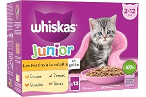 WHISKAS JUNIOR Repas Pour Chaton, 48 Sachets Chat en Gelée JUNIOR, 4 Variétés,(4 Packs de 12x85g), Nourriture Humide Chaton Complète et Équilibrée