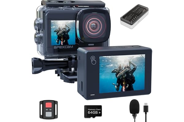 Apexcam Caméra Sport 4K 60FPS, Action Cam WiFi avec Double Écran et Micro SD 64GB, Stabilisation EIS Étanche 40M avec 2 Batteries 1350mAh, Kit d’Accessoires et Télécommande 2.4G