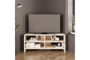 Bimossa Roy Corner TV Stand – Space-Saving TV Unit for 43–48'' TVs, Compact Media Console with Open Shelves & Cabinet, Ready to Assemble, (Travertine)