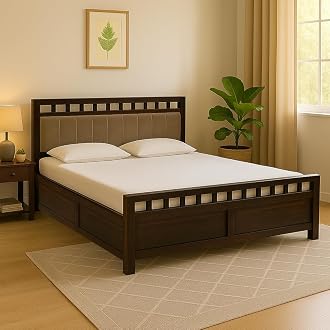 EXCEL HOME EXCEL International Solid Sheesham Wood Queen Size Bed with Box Storage | Wooden Double Bed with Box Storage & Upholstered Cushined Headboa