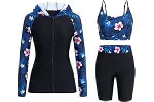 Owntop Maillot de bain 3 pièces à capuche anti-UV UPF50+ pour femme | Haut de bikini et short taille haute | Maillot de bain modeste à manches longues avec fermeture éclair