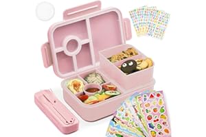 Bugucat Brotdose Kinder mit Fächern 1300ML, Auslaufsicher Lunchbox Kinder mit 16 Aufkleber, Bento Box mit Besteckset, Brotdose Vesperdose Frühstücksbox für Mädchen & Jungen,Rosa
