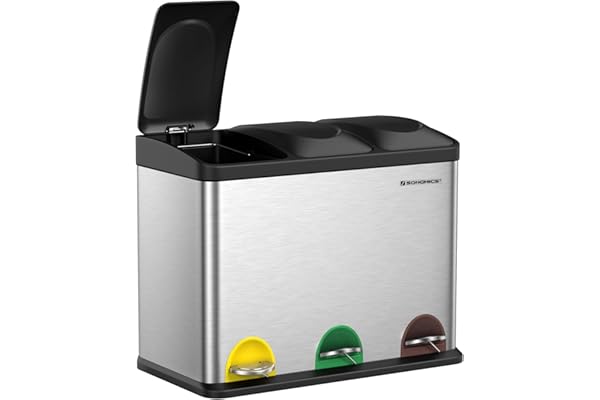 SONGMICS Poubelle de Cuisine Triple, Poubelle de Tri, Corbeille à Pédale, en Métal, Volume 45L, 3 x 15L, avec Couvercle, en Acier, Argent LTB45L