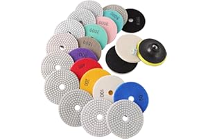 ROIIKETU 14PACK Diamond Wet Polishing Wheel Set, 100mm Wet/Dry Wheels for Granite, Concrete, Tile, Stone Grinding, Mixed Grit 50-8000 Sanding Pads with M14 Backer Pad & 2 Wool