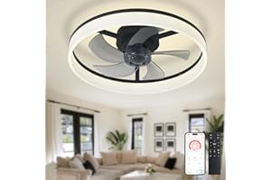 ‎DEPULEY Depuley LED Deckenventilator mit Licht: 20" Moderne Low Profile Flush Mount Kronleuchter mit App & Fernbedienung - Dimmbar Schwarz Bladeless Fan Licht für Schlafzimmer Kinderzimmer Wohnzimmer