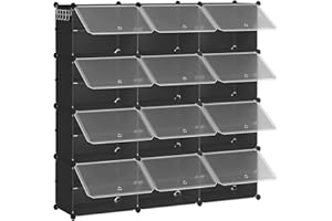 HOOBRO Regał na buty z 12 przegródkami, regał na buty, z drzwiami, modułowy regał z tworzywa sztucznego, przegroda 40 x 30 x 30 cm, do przedpokoju, werandy, akademika, czarny EBK38SC01G1