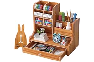 RUIXUE Drewniany organizer na biurko, wielofunkcyjny organizer na długopisy, do biura, duża pojemność, do domu, biura, szkoły (brązowy)