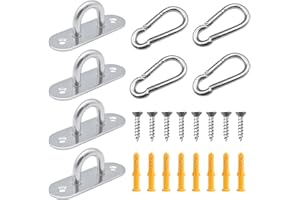 BOZILY 4 Pcs Stainless Steel Eye Pad Plates + 4 Pcs Carabiner Clips, M5 Pad Eye with 8 Screws and 8 Plastic Expansion Pipes, Metal Staple Ring Hook for Hanging Wall Ceiling Marine Hardware Accessories