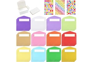 Lvjkes Sobres Pequeños, 72 Piezas Mini Sobres, 100 Piezas Tarjetas en Blanco Blancas y 3 Hojas Pegatinas de Tamaño Múltiple para Materiales de Regalo de Fiesta de Boda y Cumpleaños