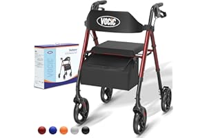 VOCIC deambulatore per anziani 4 ruote,Girello in alluminio leggero con seduta,Rollator pieghevole per alle terrenne, Altezza sedile regolabile,Per esterno e interno,Rosso | 5 anni di garanzia