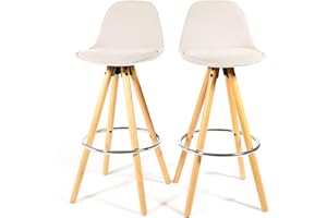 Bravich Retro Scandinavian Design Set of 2 Barstools in Ivory White Velvet Fabric | Ergonomic Solid Wooden Legs Premium Bar Chairs | Comfortable Breakfast Bar Kitchen Stool With Backrest and Footrest