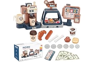 YOLIYOGO Pretend Play Coffee Maker Toy Role Play Coffee Shop Party Playset with Coffee Machine Cash Registers Toy Food Dessert Donuts Cakes Set Early Learning Funtional Toy for kids Birthday