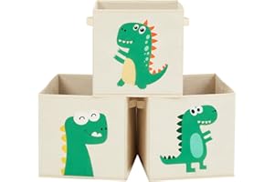 ‎SONGMICS SONGMICS Aufbewahrungsbox, 3er Set, Aufbewahrungskorb, Spielzeugaufbewahrung, Stoffboxen, 30 x 30 x 30 cm, faltbar, mit Griffen, Schlafzimmer, Spielzimmer, Dinosaurier-Motive, beige RFB704W03