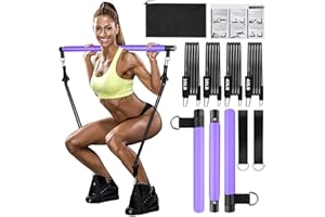 Qicool Pilates Bar Set, Pilates Bar Kit with 4 Resistance Bands,Portable Fitness Equipment for home,Yoga Pilates,Pilates Bar Workout Resistance Bands with Foot Strap for Legs,Hip,Waist and Arm
