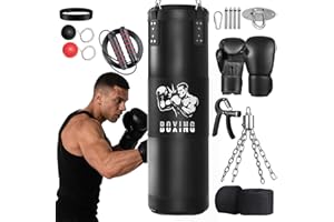 Sac de Frappe Adultes, Qoosea 120cm Lourd Sac de Boxe avec Gants et Bandage de Boxe, Suspension Punching Ball pour Entraînement de Kickboxing, MMA Karaté Taekwondo Idéal Cadeau- Non Rempli