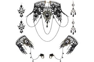 VELESAY Bijoux Gothique Collier et Boucles d'oreilles pour Femme Choker Dentelle Noire Collier Bracelet Ensemble Punk Vintage Halloween Bijoux Halloween Cosplay Gothique Vampire Lolita Costume Halloween