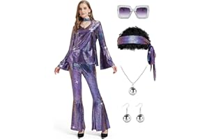 Ragelion Disco Outfit Damen,60er 70er Jahre Outfit Damen für Halloween Party mit Top Hose Zubehör
