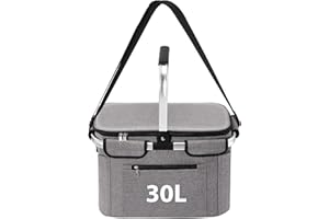 OUSFOT Grande Cestino Picnic Pieghevole, 30L Borsa Termica con Coperchio Grigio con Telaio in Alluminio Perfetto per Shopping,Picnic,Attività All'aperto