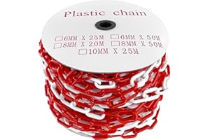 TRMLBE Cadena de plástico de 50 m, color rojo y blanco, 6 mm de grosor, de plástico, cadena de seguridad para construcción, postes de cierre para cierre