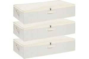 YheenLf 3 Stück Unterbettbox, Unterbett Aufbewahrungsbox mit deckel, Faltbare Stoffboxen mit Verstärktem Griff und Reißverschluss für Bettdecken Decken Kleidung, Beige, 60x30x15cm
