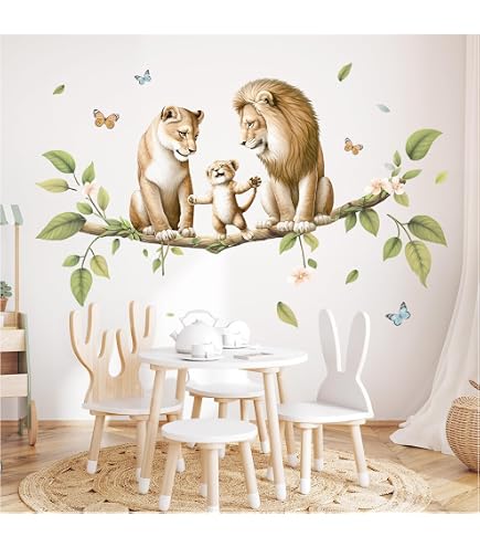 Sticker Mural Lion Safari Avec Nuages Et Étoiles - Décoration Chambre Enfant Garçon Ou Fille, Format S
