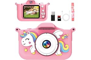 GlowPlayX Kinderkamera 1080P mit 32GB & Spielen – Digitalkamera für Kinder ab 3 Jahren, Selfie Kamera mit Einhorn Silikonhülle, USB-Ladefunktion, Musik & Spiele – Geschenk für Jungen & Mädchen