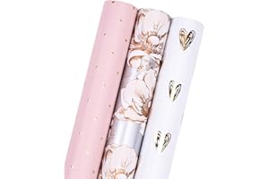 RUSPEPA Rotolo Di Carta Da Regalo - Mini Rotolo - 43,2 cm X 3,05 m Per Rotolo - 3 Diversi Pinke E Motivi Floreali Grigi (42,5 Piedi Quadrati Ttl.)