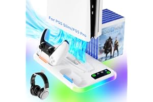 Support for PS5 Slim/Pro with Cooling Fan, Charging Station for 2 DualSense Controllers, 2 USB, LED Light and Game Storage