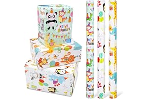 LZRINUE 3 rouleaux de papier d'emballage animal 17 pouces x 10 pieds, papier d'emballage cadeau de joyeux anniversaire réutilisable pour enfants, garçon et fille, emballage cadeau d'anniversaire