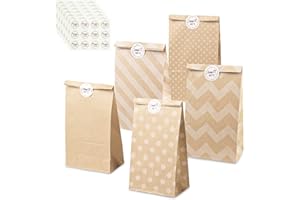 Relota 50 pièces sachet kraft,sac papier kraft avec 84 autocollants, pochette cadeau pour emballer desserts et cadeaux, pochettes cadeaupour Anniversaires Enfants, Mariages, Noel Fêtes, Halloween