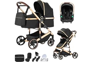 BEBBY BEBBY Cochecito de bebé 3 en 1,Carricoche Combinado Paisaje Alto Marco de Aluminio Para Recién Nacido0-22KG,Portátil Carrito Bebe 3 en 1 Con Asiento De Auto (H9-BLACK, H9)