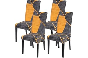 papasgix Coprisedie con Schienale 4 Pezzi,Fodere per Sedia per Sala da Pranzo Elasticizzato,Lavabile Estraibile, Copertura della Sedia per Casa,Cucina,Ristorante(Giallo Grigio,4 Pezzi)